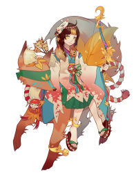Rule 34 | 1girl, absurdres, ahoge, animal ear fluff, arrow (projectile), bell, blindfold, bow (weapon), braid, brown hair, clogs, daruma doll, green skirt, hair ornament, highres, holding, holding bow (weapon), holding weapon, japanese clothes, jingle bell, knees together feet apart, kouhaku nawa, leaf hair ornament, limao jun, mask, miketsu (onmyoji), miko, onmyoji, quiver, rope, sandals, shimenawa, simple background, skirt, solo, standing, weapon, white background, wide sleeves, yellow eyes