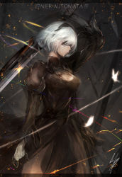 Rule 34 | 1girl, absurdres, black dress, blindfold, breasts, cleavage, copyright name, cowboy shot, dress, gloves, hairband, highres, holding, holding sword, holding weapon, marumoru, nier (series), nier:automata, short hair, solo, sword, weapon, white hair, 2b (nier:automata)