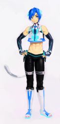 Rule 34 | 1boy, abs, animal ears, bad id, bad pixiv id, blue eyes, blue hair, blue nails, boots, cat boy, cat ears, cat tail, closed mouth, crop top, detached sleeves, fake animal ears, full body, hands on own hips, headphones, kaito (vocaloid), male focus, midriff, nail polish, neko cyber (module), project diva (series), project diva 2nd, shikuchouson, short hair, simple background, solo, tail, toned, toned male, vocaloid, white background, white footwear