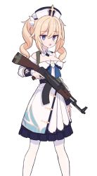 Rule 34 | 1girl, ak-47, assault rifle, barbara (genshin impact), bare shoulders, bebetang, blonde hair, blue eyes, bow, bowtie, breasts, cleavage, cross, genshin impact, gun, hair ornament, half-closed eyes, hat, highres, holding, holding weapon, kalashnikov rifle, long sleeves, open mouth, pantyhose, rifle, simple background, solo, standing, twintails, weapon, white background, white pantyhose