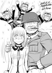 Rule 34 | 4girls, abigail (strike witches), abigail (world witches series), animal ears, arms up, bad id, bad pixiv id, bag, charlotte (strike witches), charlotte lueder, cigar, fling, george s patton, greyscale, grin, hand on own hip, hand on shoulder, helmet, highres, hip focus, iijima takatoshi, iijimatakatoshi, marilyn (strike witches), marilyn (world witches series), military, military uniform, monochrome, mouth hold, multiple girls, open mouth, patricia (strike witches), patricia (world witches series), smile, strike witches, uniform, witches of africa, world witches series
