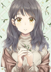 1girl, arms up, berry, black hair, blue background, breasts, brown eyes, brown jacket, checkered, checkered background, commentary, expressionless, eyebrows visible through hair, holding, holding leaf, jacket, leaf, leaf background, long sleeves, looking at viewer, medium breasts, medium hair, mistletoe, off-shoulder jacket, original, own hands together, parted lips, solo, sweater, unya (unya-unya), upper body, white sweater
