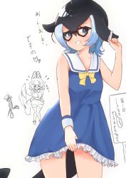 Rule 34 | 3girls, afterimage, alternate eyewear, animal ears, black hair, blonde hair, blowhole, blue dress, blue eyes, blue hair, blush, bow, bowtie, chalk, commentary request, common dolphin (kemono friends), cosplay, dhole (kemono friends), dog ears, dog girl, dog tail, dolphin girl, dorsal fin, dress, frilled dress, frills, gakukuru, glasses, highres, kemono friends, looking at viewer, meerkat (kemono friends), meerkat (kemono friends) (cosplay), multiple girls, sailor collar, sleeveless, tail, tail wagging, translation request, white hair, yellow neckwear