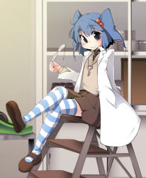 Rule 34 | 1girl, aki (akikaze asparagus), blue eyes, blue hair, coke-bottle glasses, crossed legs, female focus, full body, glasses, hair bobbles, hair ornament, holding, holding removed eyewear, indoors, kawashiro nitori, key, lab coat, ladder, mary janes, matching hair/eyes, shoes, short hair, sitting, solo, stepladder, striped clothes, striped thighhighs, thighhighs, touhou, twintails, two side up, unworn eyewear