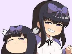 Rule 34 | 1girl, :3, black hair, black ribbon, blush, bow, breasts, collared shirt, commentary request, cookie (touhou), earrings, fairy wings, grin, hair bow, highres, jacket, jewelry, large breasts, long hair, looking at viewer, madore, neck ribbon, pink background, purple bow, purple eyes, purple jacket, ribbon, shirt, shunga youkyu, simple background, smile, smug, star (symbol), star earrings, star sapphire, touhou, upper body, white shirt, wings, yukkuri shiteitte ne