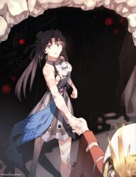 Rule 34 | 2girls, absurdres, backless dress, backless outfit, bare shoulders, body markings, breasts, brown hair, cave, dress, fate/grand order, fate (series), glowing, glowing eyes, grey dress, highres, himiko (fate), himiko (second ascension) (fate), holding hands, house tag denim, iyo (fate), large breasts, long hair, monster, multiple girls, open mouth, parted bangs, purple eyes, sash, sideboob, solo focus, thighs, twintails, very long hair