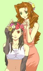 Rule 34 | 1990s (style), 2girls, aerith gainsborough, bad id, bad pixiv id, bare shoulders, black hair, breasts, brown eyes, brown hair, cleavage, crop top, dress, elbow gloves, female focus, final fantasy, final fantasy vii, fingerless gloves, flower, gloves, green eyes, hair flower, hair ornament, isaki, large breasts, long hair, medium breasts, midriff, multiple girls, pink dress, retro artstyle, shirt, smile, square enix, tank top, taut clothes, taut shirt, tifa lockhart, wreath