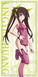 Rule 34 | 10s, 1girl, absurdres, armpits, bare shoulders, black hair, blue eyes, blush, bracelet, breasts, brown hair, character name, eyebrows, framed, from side, grin, hair between eyes, hair ribbon, halterneck, hand on own hip, highres, huang lingyin, infinite stratos, jewelry, leg lift, legs, leotard, long hair, long image, long legs, looking at viewer, no socks, official art, okiura, pelvic curtain, pilot suit, purple legwear, ribbon, shoes, sidelocks, small breasts, smile, solo, standing, standing on one leg, stick poster, thighs, toeless legwear, turtleneck, twintails, very long hair