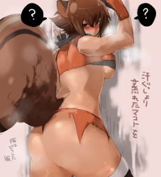 Rule 34 | 1girl, ?, against wall, animal ears, arc system works, ass, bad id, bad pixiv id, blazblue, blazblue: continuum shift, blush, breasts, breath, brown hair, fingerless gloves, gloves, large breasts, makoto nanaya, mndayo, revealing clothes, sideboob, sketch, skirt, solo, squirrel ears, squirrel tail, sweat, tail, thong, torn clothes, torn skirt, translation request, underboob