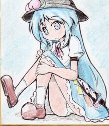 Rule 34 | 1girl, apron, black hat, blue background, blue eyes, blue hair, blue skirt, brown footwear, collared shirt, colored pencil (medium), full body, hat, highres, hinanawi tenshi, janas, leaf hat ornament, long hair, neck ribbon, open mouth, peach hat ornament, puffy short sleeves, puffy sleeves, red ribbon, ribbon, shirt, short sleeves, simple background, skirt, socks, solo, touhou, traditional media, very long hair, waist apron, white apron, white shirt, white socks