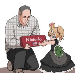 Rule 34 | 1boy, 1girl, absurdres, aged down, black dress, bowsette, bowsette jr., child, commentary, dishwasher1910, doug bowser, dress, earrings, english commentary, grey hair, high ponytail, highres, horns, jewelry, mario (series), new super mario bros. u deluxe, nintendo, on one knee, pearl earrings, pointy ears, real life, simple background, super crown, white background