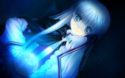 Rule 34 | 10s, 1girl, arm support, cape, dutch angle, game cg, hand on own hip, hinoue itaru, indoors, long hair, looking at viewer, rewrite, senri akane, silver hair, smile, solo, yellow eyes