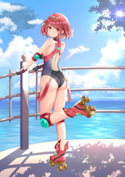 Rule 34 | 1girl, absurdres, black one-piece swimsuit, breasts, competition swimsuit, covered collarbone, headpiece, highres, large breasts, okazakileo, one-piece swimsuit, pyra (pro swimmer) (xenoblade), pyra (xenoblade), red eyes, red hair, red one-piece swimsuit, ribbed swimsuit, roller skates, short hair, skates, solo, striped clothes, striped one-piece swimsuit, swept bangs, swimsuit, tiara, two-tone swimsuit, vertical-striped clothes, vertical-striped one-piece swimsuit, xenoblade chronicles (series), xenoblade chronicles 2