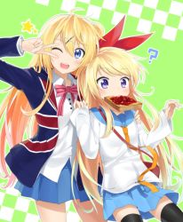 Rule 34 | 2girls, ;d, ?, arm up, black legwear, blonde hair, blue eyes, blush, bow, bowtie, bread, bread slice, cosplay, costume switch, crossover, dress shirt, food, food in mouth, goribote, green background, hair ornament, hair ribbon, hairclip, kin-iro mosaic, kirisaki chitoge, kirisaki chitoge (cosplay), kujou karen, kujou karen (cosplay), long hair, long sleeves, look-alike, looking at viewer, mouth hold, multiple girls, necktie, nisekoi, one eye closed, open mouth, pleated skirt, purple eyes, ribbon, school uniform, serafuku, shirt, skirt, sleeves past wrists, smile, star (symbol), thighhighs, toast, toast in mouth, touyama nao, union jack, v, v over eye, very long hair, voice actor connection, wink, x hair ornament