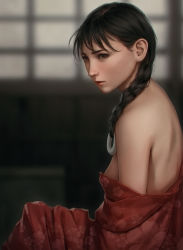 Rule 34 | 1girl, asano rin, bad id, bad pixiv id, black hair, blade of the immortal, blurry, blurry background, braid, brown eyes, face, from side, hair ornament, hair over shoulder, highres, japanese clothes, kimono, lips, long hair, miura-n315, off shoulder, realistic, ring hair ornament, solo