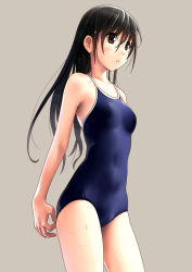 Rule 34 | 1girl, black hair, breasts, brown background, brown eyes, cameltoe, competition school swimsuit, contrapposto, cowboy shot, katahira masashi, long hair, one-piece swimsuit, original, parted lips, school swimsuit, simple background, small breasts, solo, standing, swimsuit, wet, wet hair