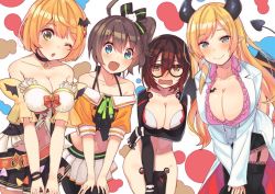 Rule 34 | 4girls, belt, black hair, blue eyes, blush, breasts, brown hair, cleavage, collarbone, commentary request, covering privates, covering crotch, demon tail, embarrassed, garter belt, glasses, groin, hololive, horns, lab coat, large breasts, leaning forward, long hair, multiple girls, natsuiro matsuri, natsuiro matsuri (1st costume), navel, no panties, one eye closed, pantyhose, pointy ears, ribbon, roboco-san, side ponytail, tail, thighhighs, tonarikeru, virtual youtuber, yozora mel, yozora mel (1st costume), yuzuki choco, yuzuki choco (1st costume)