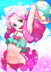 Rule 34 | 1girl, :d, arms up, ball, beachball, bikini, bow, cowboy shot, dated, flower, green eyes, hair flower, hair ornament, hanami kotoha, heart, holding, long hair, looking at viewer, mahou girls precure!, navel, open mouth, pink bow, pink hair, precure, rumo, smile, solo, swimsuit