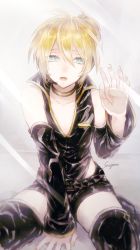 Rule 34 | 1boy, artist name, bare shoulders, belt, blonde hair, blue eyes, boots, choker, collarbone, detached sleeves, eyelashes, glass, highleg, highleg leotard, highres, kagamine len, leotard, looking at viewer, male focus, nail polish, open mouth, project diva, project diva (series), project diva 2nd, punkish (module), saegome, shirt, short ponytail, short shorts, shorts, sitting, sleeveless, sleeveless shirt, solo, speaker, thigh boots, thighhighs, v-neck, vocaloid, yellow nails, zettai ryouiki
