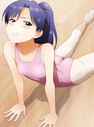 Rule 34 | 1girl, arched back, arm support, ass, ballerina, ballet slippers, bare arms, bare shoulders, blue hair, blush, breasts, brown eyes, clenched teeth, collarbone, flexible, high ponytail, idolmaster, idolmaster (classic), indoors, kisaragi chihaya, leg warmers, leotard, long hair, looking at viewer, lying, on stomach, pantyhose, pink leotard, plantar flexion, ponytail, shadow, small breasts, solo, stretching, sunsun69, teeth, white pantyhose, wince, wooden floor