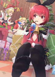 Rule 34 | 3girls, alternate costume, alternate hairstyle, antlers, bell, bikini, blonde hair, blue eyes, can, christmas, christmas ornaments, christmas present, christmas tree, closed eyes, cocktail, cocktail glass, collar, colt revolver (girls&#039; frontline), colt revolver (wish upon a star) (girls&#039; frontline), commentary request, cowboy hat, cup, dorothy haze, drink can, drinking glass, drinking straw, english text, fork, gift, girls&#039; frontline, hat, highres, horns, merry christmas, multiple girls, neck bell, official alternate costume, one eye closed, ots-44 (forest reindeer) (girls&#039; frontline), ots-44 (girls&#039; frontline), pepsi, red eyes, red hair, reindeer antlers, santa costume, sarasa (kanbi), soda can, swimsuit, tin can, va-11 hall-a, wooden wall
