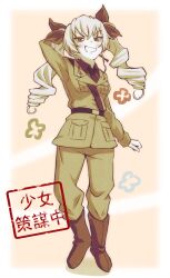 Rule 34 | 1girl, absurdres, anchovy (girls und panzer), anzio military uniform, arm behind head, arm up, belt, boots, commentary, dress shirt, drill hair, full body, girls und panzer, grin, hair ribbon, half-closed eyes, highres, jacket, knee boots, long hair, long sleeves, looking at viewer, military uniform, muted color, necktie, pants, ribbon, sam browne belt, shirt, smile, smirk, solo, standing, tama kitsune, translated, twin drills, twintails, uniform, wing collar