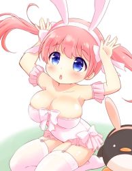 Rule 34 | 1girl, animal ears, bird, blue eyes, blush, breasts, cleavage, collarbone, fake animal ears, garter straps, hairband, haramura nodoka, large breasts, looking at viewer, parted lips, penguin, pink hair, rabbit ears, ringo (nanaprin), saki (manga), seiza, short twintails, sitting, solo, thighhighs, twintails, white thighhighs