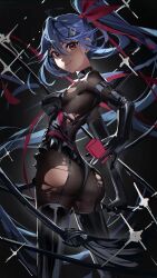 Rule 34 | 1girl, :3, absurdres, allen m. sumner (azur lane), allen m. sumner (two faces of justice) (azur lane), ass, azur lane, black background, black garter straps, black leotard, black thighhighs, blue hair, bodystocking, bow, breasts, card, from behind, garter straps, hair between eyes, hair bow, hair ornament, hairclip, high ponytail, highres, holding, holding card, leotard, long hair, looking at viewer, looking back, medium breasts, meltyrice, official alternate costume, phantom thief, red bow, red eyes, simple background, solo, thighhighs, torn bodystocking, torn clothes, very long hair