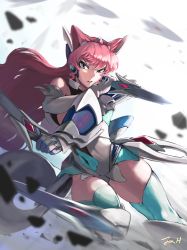 Rule 34 | 1girl, absurdres, artist name, blue eyes, blue thighhighs, boots, breasts, covered navel, dagger, dual wielding, elbow gloves, fighting stance, gloves, hair between eyes, headgear, highres, holding, holding sword, holding weapon, jonathan h, knife, leotard, long hair, looking at viewer, maria cadenzavna eve, motion blur, parted lips, pink hair, reverse grip, running, senki zesshou symphogear, serious, solo, sword, teeth, thigh boots, thighhighs, vambraces, very long hair, waist cape, weapon, whip sword, white gloves, white leotard
