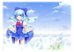 Rule 34 | 1girl, bad id, bad pixiv id, blue eyes, blue hair, bow, cirno, clothes lift, dress, dress lift, embodiment of scarlet devil, female focus, hair bow, matching hair/eyes, mikoshiba murasaki, nature, outdoors, short hair, sky, solo, touhou, wings