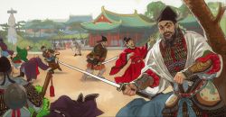Rule 34 | 6+boys, architecture, armor, battle, beard, black headwear, breastplate, east asian architecture, facial hair, falling, hat, highres, holding, holding sword, holding weapon, katana, looking at viewer, male focus, mossacannibalis, multiple boys, open mouth, original, outdoors, scar, scar across eye, solo focus, sword, weapon