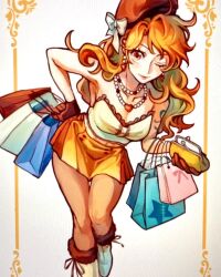 Rule 34 | 1girl, aokamei, arm tattoo, bag, boots, commentary, english commentary, gloves, hand on own hip, hat, highres, holding, jewelry, long hair, looking at viewer, nami (one piece), necklace, one eye closed, one piece, orange eyes, orange hair, pantyhose, shopping bag, skirt, smile, tattoo, wavy hair