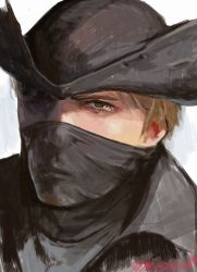 Rule 34 | 1boy, bloodborne, brown hair, green eyes, hunter (bloodborne), looking at viewer, male focus, mask, miso katsu, mouth mask, portrait, simple background, solo, twitter username, white background