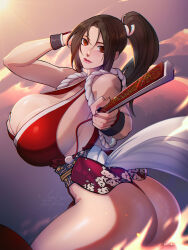 Rule 34 | 1girl, absurdres, ass, breasts, brown hair, curvy, fan, fatal fury, high ponytail, highres, huge ass, huge breasts, kunai, lips, looking at viewer, ponytail, revealing clothes, shiny skin, shiranui mai, the king of fighters, thong, weapon, wide hips, xuuikie ashe