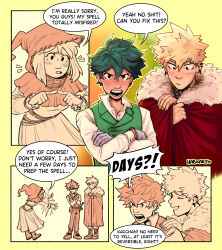 Rule 34 | 1girl, 2boys, absurdres, alternate universe, artist name, bakugou katsuki, blonde hair, blush, body switch, boku no hero academia, boots, cape, closed mouth, comic, commentary, crossed arms, dress, earrings, english commentary, english text, freckles, fur-trimmed cape, fur trim, gloves, green hair, green vest, habkart, hand on another&#039;s shoulder, hat, highres, index fingers together, jewelry, long sleeves, looking at another, looking at viewer, midoriya izuku, multiple boys, official alternate costume, open mouth, personality switch, red cape, short hair, shouting, sitting, speech bubble, spiked hair, uraraka ochako, vest, waving arms, witch, witch hat