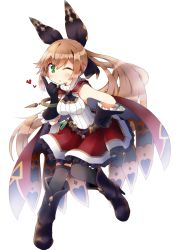 Rule 34 | 10s, 1girl, belt, black bow, black footwear, black gloves, boots, bow, brown hair, cape, clarisse (granblue fantasy), flask, frilled skirt, frills, full body, gloves, granblue fantasy, green eyes, hair bow, hair ornament, hand on own hip, heart, high heel boots, high heels, highres, jewelry, long hair, looking at viewer, one eye closed, ponytail, ribbed shirt, shirt, simple background, skirt, sleeveless, solo, thighhighs, turtleneck, very long hair, white background, yuuhi alpha