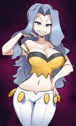 Rule 34 | 1girl, blue eyes, blue hair, breasts, camisole, cleavage, creatures (company), crop top, game freak, hand in own hair, hand on own hip, highres, karen (pokemon), large breasts, long hair, midriff, missandydandy, navel, nintendo, pants, pokemon, pokemon hgss, smile, stomach, white pants, yellow camisole
