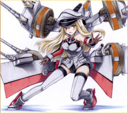 Rule 34 | 10s, 1girl, anchor, armor, bare shoulders, bismarck (kancolle), blonde hair, blue eyes, breastplate, brown gloves, cannon, cross, detached sleeves, gloves, grey thighhighs, hat, iroha (nullpo), iron cross, kantai collection, long hair, military, military hat, military uniform, millipen (medium), peaked cap, shikishi, smile, solo, thighhighs, traditional media, turret, uniform