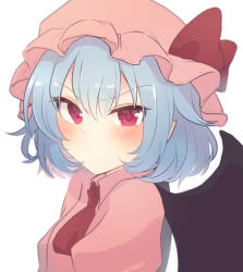 Rule 34 | 1girl, aoi (annbi), bat wings, blue hair, blush, commentary request, hat, hat ribbon, highres, looking at viewer, mob cap, pink hat, pink shirt, pointy ears, red eyes, red neckwear, red ribbon, remilia scarlet, ribbon, shirt, simple background, solo, touhou, upper body, white background, wings