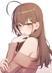 Rule 34 | 1girl, absurdres, ahoge, alternate costume, armpit crease, bare shoulders, black hair, blush, brown eyes, brown hair, brown sweater, commentary, crossed bangs, earrings, erezu, grabbing own arm, hair behind ear, hair between eyes, hair ornament, hairclip, hand to own mouth, highres, hololive, hololive english, huge ahoge, jewelry, long hair, long sleeves, looking at viewer, multicolored hair, nanashi mumei, no bra, off-shoulder sweater, off shoulder, parted lips, simple background, solo, streaked hair, sweater, symbol-only commentary, virtual youtuber, white background, white hair
