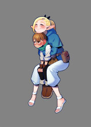 Rule 34 | 1boy, 1girl, black pants, blue jacket, blush, boots, chilchuck tims, closed eyes, dungeon meshi, elf, fingerless gloves, gloves, halfling, highres, hug, jacket, maotianye, marcille donato, pants, pointy ears, sandals, scarf, sitting, size difference, smile