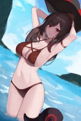 Rule 34 | 1girl, :d, absurdres, arm strap, armpits, arms up, azur lane, bikini, black headwear, breasts, brown bikini, brown hair, cleavage, collarbone, cowboy shot, grin, hat, highres, large breasts, long hair, looking at viewer, maanu, navel, ocean, open mouth, parted lips, red eyes, royal fortune (azur lane), smile, stomach, strap gap, swimsuit, wading, water