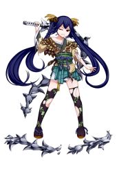 Rule 34 | 1girl, artist request, blue hair, broken, broken weapon, full body, hand on own hip, holding, holding weapon, inabayama (oshiro project), long hair, official art, one eye closed, orange eyes, oshiro project:re, oshiro project:re, skirt, solo, thighhighs, torn clothes, torn skirt, torn thighhighs, transparent background, tsurime, twintails, very long hair, weapon, weapon request