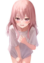 Rule 34 | 1girl, absurdres, blush, borrowed clothes, collarbone, commentary, covering privates, covering crotch, crossed bangs, female focus, fujizarashi, hair between eyes, highres, inui sajuna, long hair, looking at viewer, open mouth, pink hair, purple eyes, revision, shirt, shirt tug, simple background, solo, sono bisque doll wa koi wo suru, standing, tearing up, tears, tug, white background, white shirt