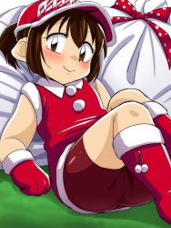 Rule 34 | 1girl, bakusou kyoudai let&#039;s &amp; go!!, bike shorts, brown hair, cameltoe, child, christmas, closed mouth, female focus, flat chest, gloves, hat, highres, looking at viewer, polka dot, red gloves, sagami jun, sagamimok, shogakukan, sitting, smile, solo