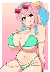 Rule 34 | 1girl, absurdres, bare shoulders, bikini, blue hair, breasts, commentary, deep skin, earrings, eyewear on head, gradient background, hand on own chest, heart, heart-shaped eyewear, highleg, highleg bikini, highres, hoop earrings, hozuki kaede, huge breasts, jewelry, licking lips, looking at viewer, multicolored hair, nail polish, naughty face, navel, o-ring, onii-chan wa oshimai!, pink background, pink eyes, pink hair, pink nails, short hair with long locks, side ponytail, sidelocks, skindentation, solo, string bikini, sunglasses, swimsuit, the only shoe, thighs, tongue, tongue out, two-tone hair, underboob, v-shaped eyebrows, white-framed eyewear