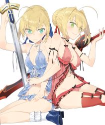 Rule 34 | &gt;:), 10s, 3:, 3:&lt;, aestus estus, artoria pendragon (all), artoria pendragon (fate), babydoll, blonde hair, blue eyes, blue panties, breast envy, choker, excalibur (fate/stay night), fate/extella, fate/extra, fate/hollow ataraxia, fate/stay night, fate (series), green eyes, hair bun, hand on another&#039;s thigh, hayashi kewi, highres, holding, holding sword, holding weapon, lingerie, navel, negligee, nero claudius (fate), nero claudius (fate) (all), nero claudius (fate/extra), official alternate costume, panties, red panties, saber (fate), simple background, single hair bun, sword, underwear, v-shaped eyebrows, weapon, white background