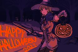 Rule 34 | 1girl, 2021, absurdres, alternate costume, armor, black headwear, blonde hair, brown pantyhose, cassandra alexandra, commentary, corset, cowboy shot, dated, foreshortening, forest, gloves, halloween, happy halloween, hat, highres, holding, holding lantern, holding sword, holding weapon, jack-o&#039;-lantern, lantern, medium hair, nature, neck ribbon, outdoors, outline, pantyhose, pumpkin, red ribbon, red theme, ribbon, seset, solo, soul calibur, sword, tree, weapon, white gloves, witch hat