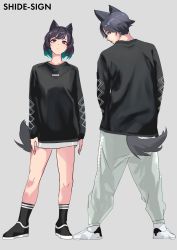 Rule 34 | 1boy, 1girl, absurdres, animal ear fluff, animal ears, arms at sides, black eyes, black footwear, black hair, black shirt, blue eyes, bob cut, breasts, cat ears, closed mouth, clothes writing, commentary request, contrapposto, dog ears, dog tail, eyebrows hidden by hair, fashion, from behind, full body, green hair, grey background, grey pants, highres, legs apart, long sleeves, looking at viewer, looking back, miniskirt, multicolored hair, original, pants, pencil skirt, print shirt, profile, sakuhiko, shirt, shoes, side-by-side, simple background, skirt, smile, socks, standing, streetwear, t-shirt, tail, two-tone hair, white footwear, white skirt