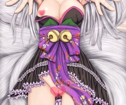 Rule 34 | 1girl, bad id, bad pixiv id, breasts, censored, cleft of venus, fox tail, long hair, lying, multiple tails, nipple slip, nipples, original, pointless censoring, pussy, silver hair, solo, tail, tenyoshi (briansept), transparent censoring
